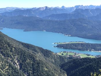 High angle view of lake and mountains