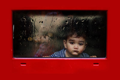 Close-up of boy looking through window