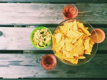 High angle view of guacamole and nachos on table