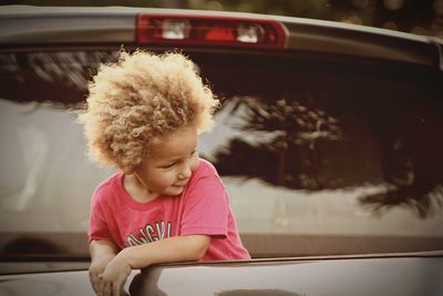 Close-up of cute baby in car