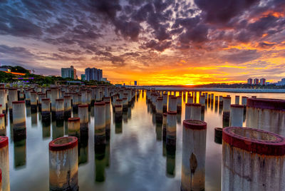 Panoramic view of sea against cloudy sky during sunset