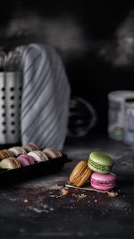 Close-up of colorful macaroons on table