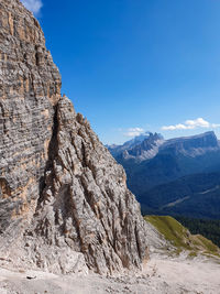 Juxtaposition of close and far dolomitic mountains