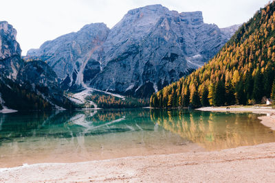 Scenic view of lake and mountains against sky