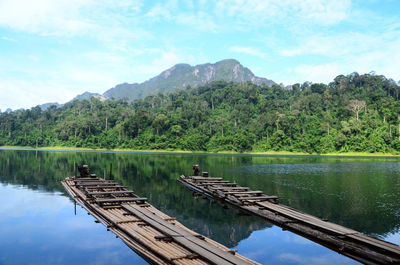 Scenic view of lake by mountains against sky