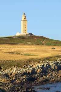 View of lighthouse and buildings against clear sky