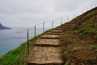 Staircase leading towards sea against sky