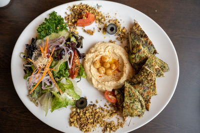 High angle view of food in plate on table