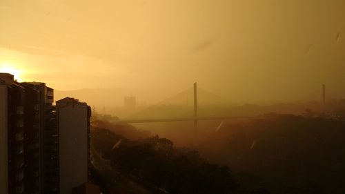 View of suspension bridge in city during sunset