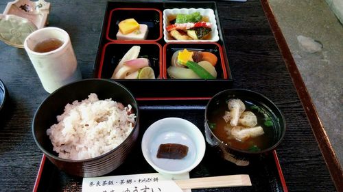 Close-up of sushi served on table