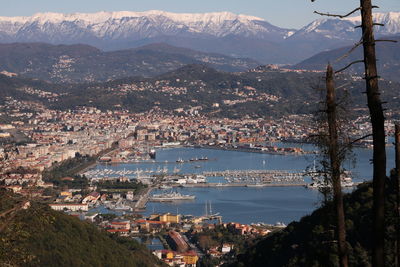 Aerial view of townscape by sea against sky