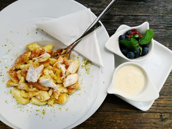 High angle view of breakfast served on table