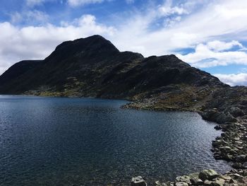 Scenic view of lake by mountains against sky
