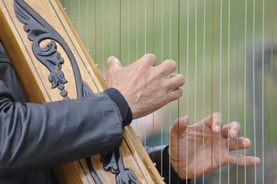 Cropped image of man playing harp