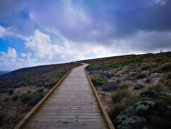 Dirt road along landscape against sky