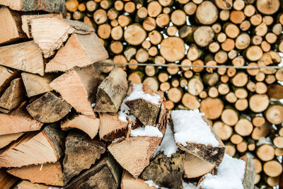 Full frame shot of logs during winter