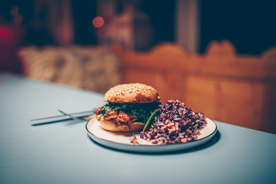 Close-up of cake in plate on table