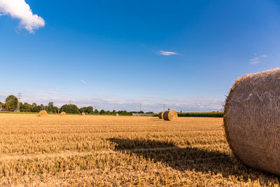 Hay bales on field against blue sky