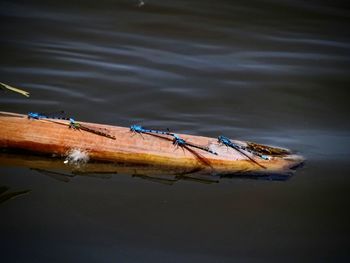 Reflection of boat in lake