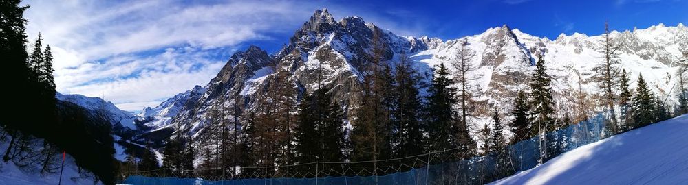 Panoramic view of snowcapped mountains against sky