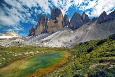 Rienza lake in tre cime unesco dolomites national park, trentino alto adige, italy