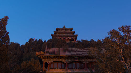 Low angle view of building against clear blue sky