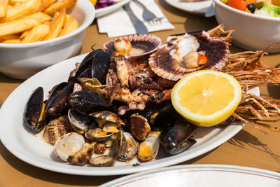 Close-up of seafood in plate on table