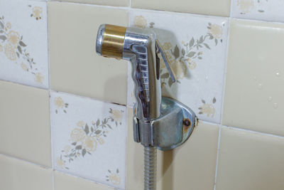 High angle view of faucet in bathroom at home