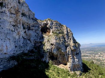 Rock formations on mountain against clear blue sky