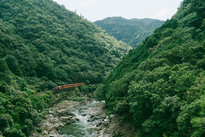 Romantic train along hozukyo river, arashiyama, kyoto prefecture, japan