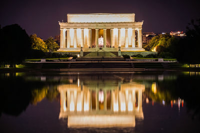 High angle view of illuminated building at night