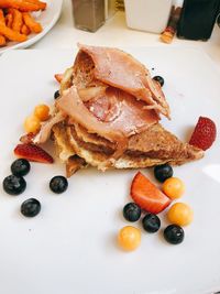 High angle view of breakfast served on table