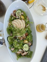 High angle view of food in plate on table
