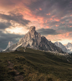 Scenic view of mountains against sky during sunset