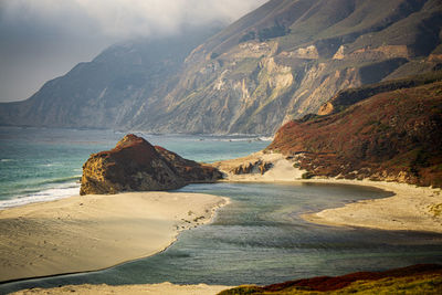 Scenic view of californian coastline with cloudy sky