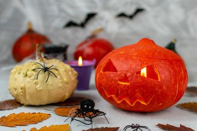 Close-up of jack o lantern on table