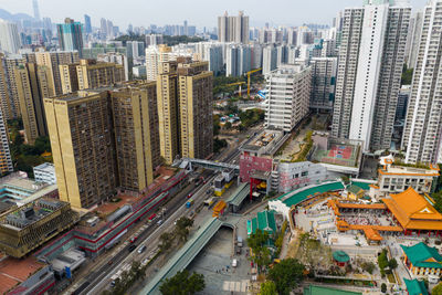 High angle view of city buildings