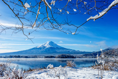 Scenic view of lake by mountain against sky during winter