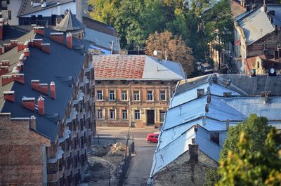 High angle view of buildings in city