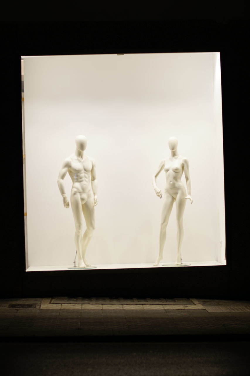 CLOSE-UP OF WHITE STATUE ON TABLE IN MUSEUM