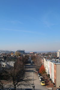 High angle view of city against clear sky