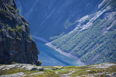 Scenic view of river amidst mountains against sky