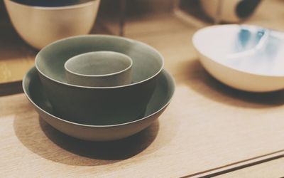 High angle view of coffee cup on table