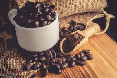 High angle view of coffee beans on table