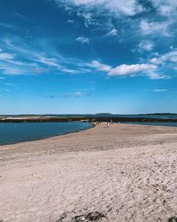 Scenic view of beach against blue sky