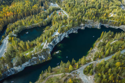 Aerial view of marble canyon in the mountain park of ruskeala, karelia, russia