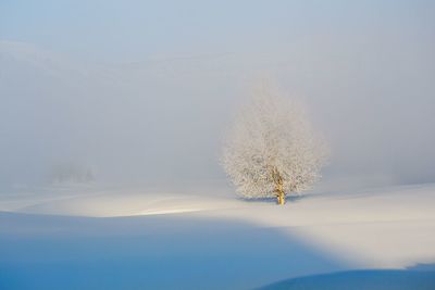 Snow covered landscape against clear sky
