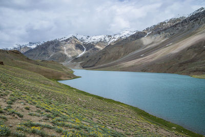 Scenic view of snowcapped mountains against sky