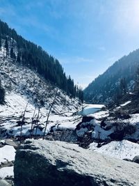 Scenic view of snow covered mountains against sky