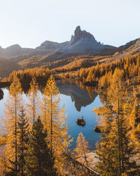 Scenic view of mountains against sky during autumn